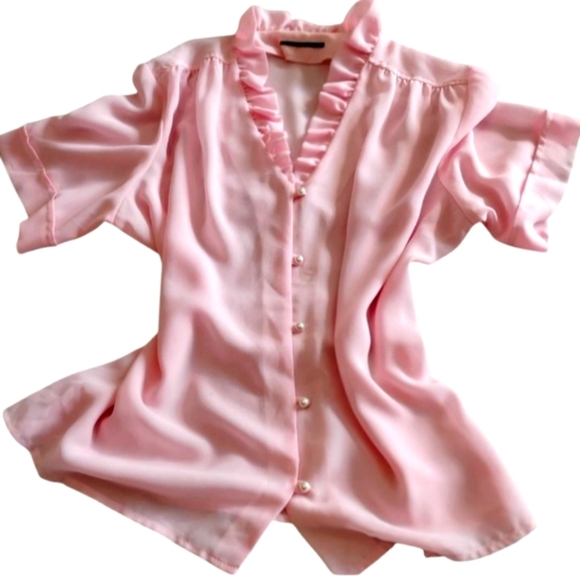 Vintage Ballerina Pink Women's Ruffled Sheer Top - Picture 1 of 6